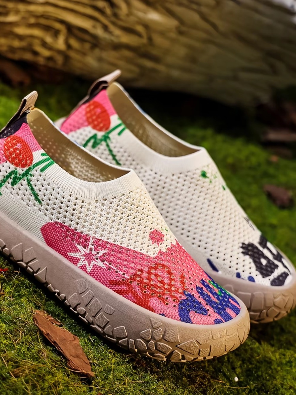 Women's Slip-On Knit Sneakers in Cream with Multicolor Floral Print - Picture 3 of 8